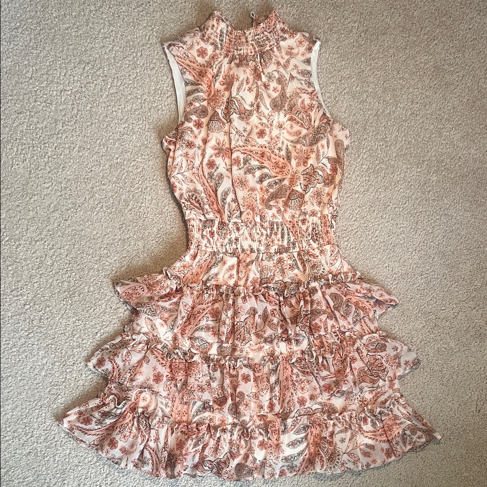 1. State Paisley Floral Ruffle Mini Dress in Cream and Brown